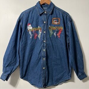 Vintage 90’s Grannycore Denim Button Down Shirt Christmas Stocking Embroidery M
